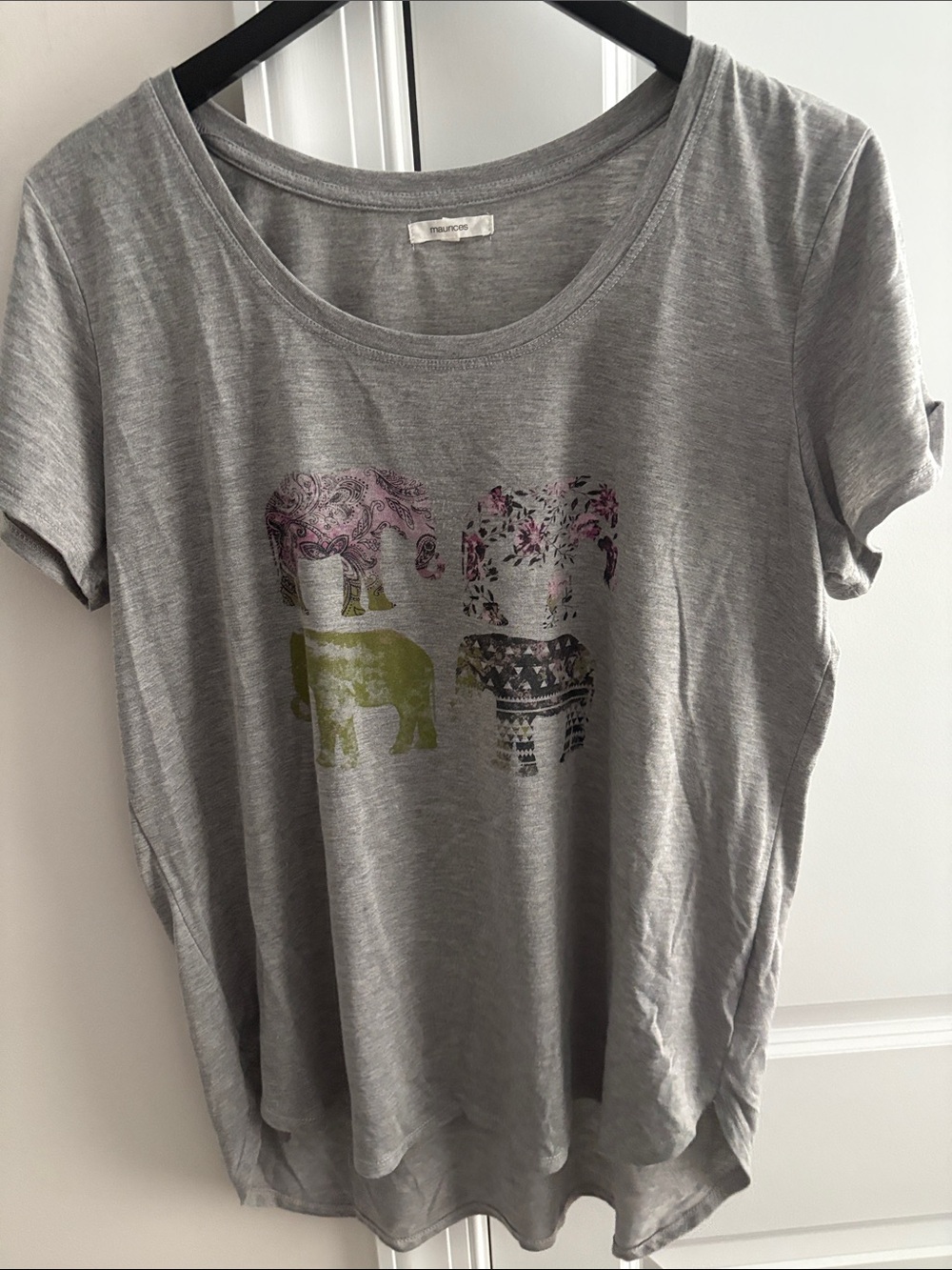 Maurices Gray Tee with Pink, Green and Purple Elephant Motif